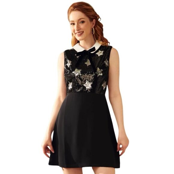 MODCLOTH Reigning Starlet A-Line Dress Black Silver Stars Sequined Bodice Size 8 - Picture 1 of 12